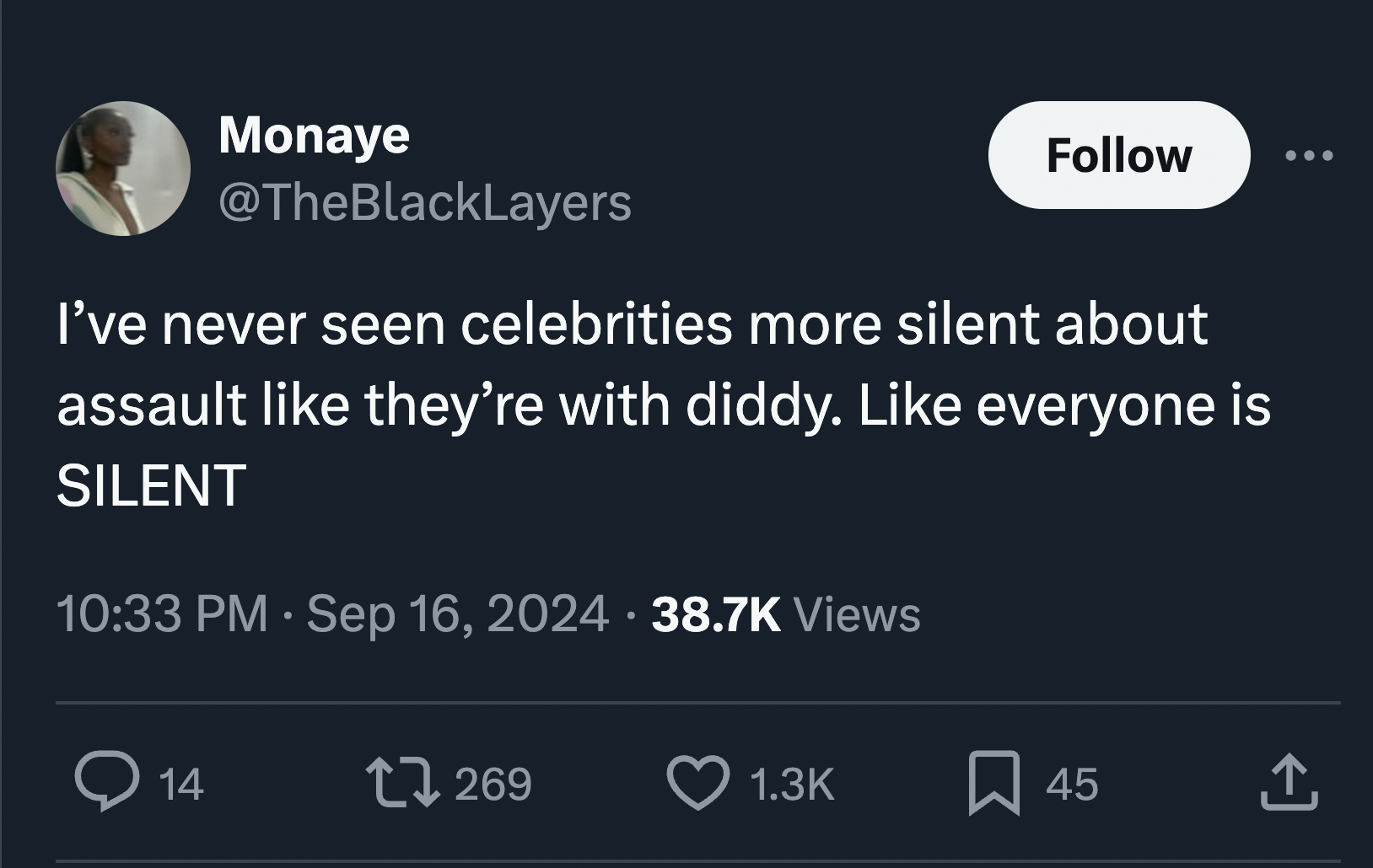 screenshot - Monaye I've never seen celebrities more silent about assault they're with diddy. everyone is Silent Views 14 17269 45